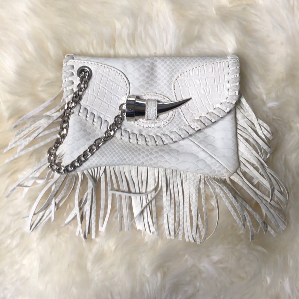 White Vegan  Leather Clutch with Chain & Fringe